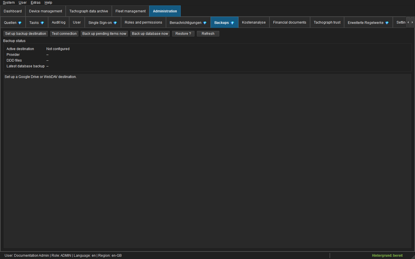 Backup target, queue and restore administration