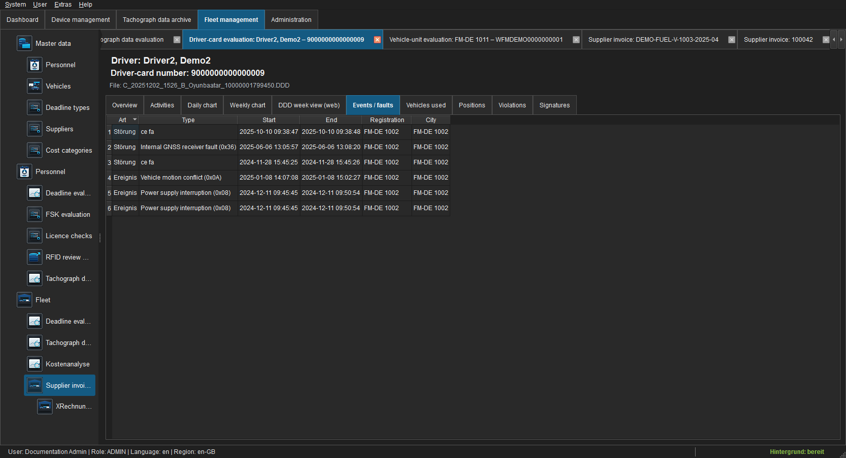 Driver-card events and faults