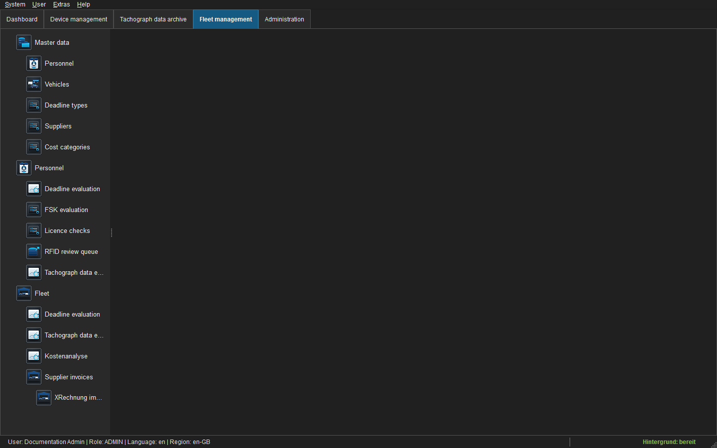 Fleet Management icon navigation and work tabs