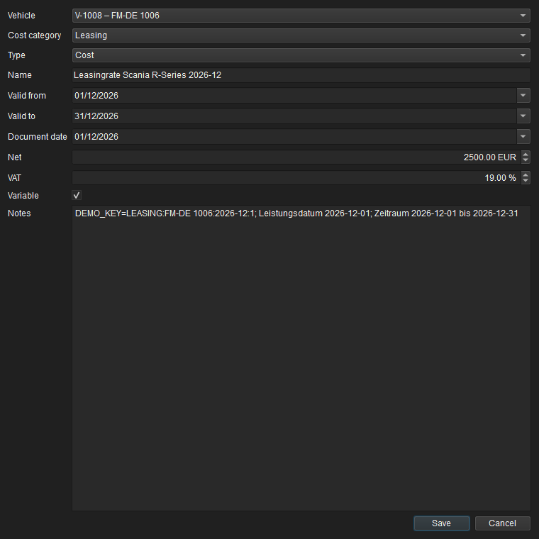Vehicle cost entry dialog