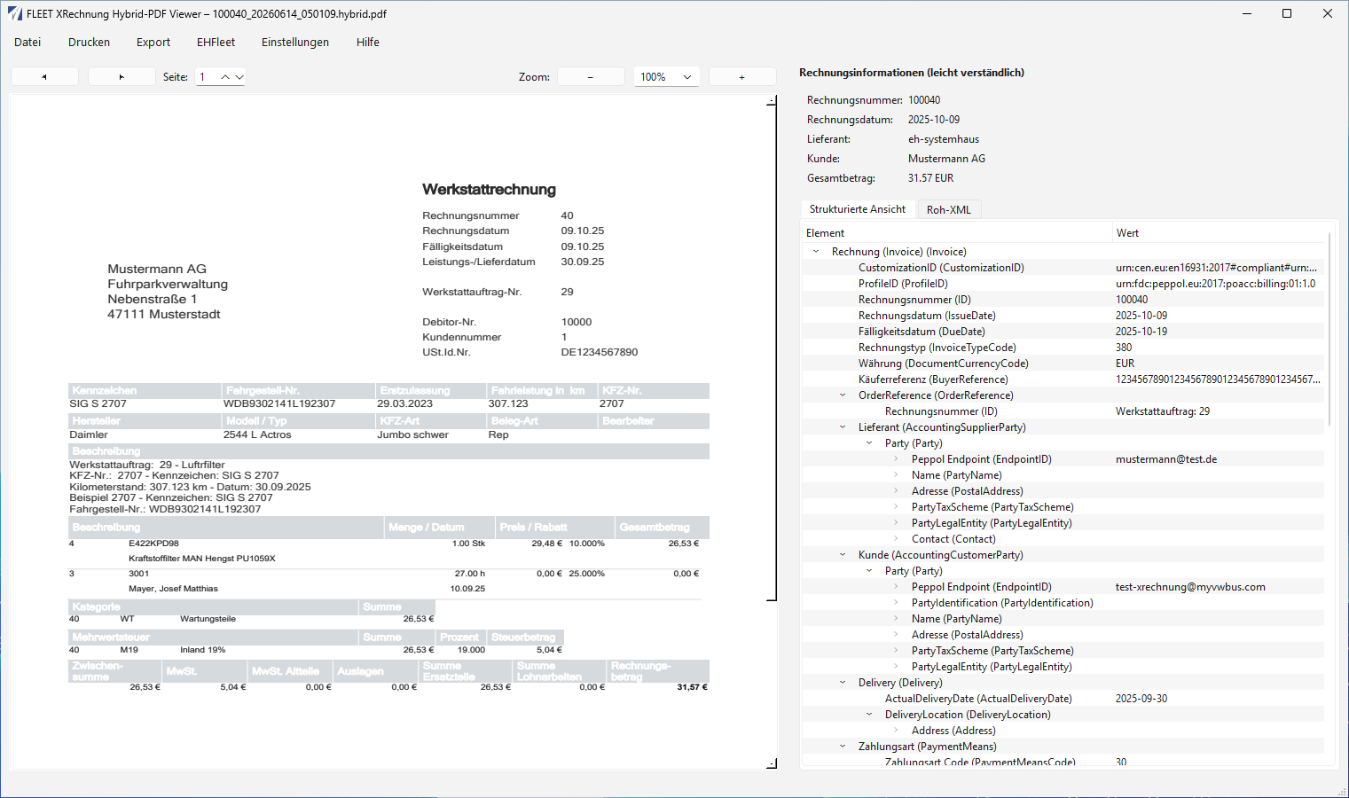 Hauptfenster mit Hybrid-PDF, Rechnungsinformationen und strukturierter XML-Ansicht